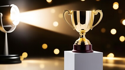Golden Trophy Cup Under Spotlight on Black Background