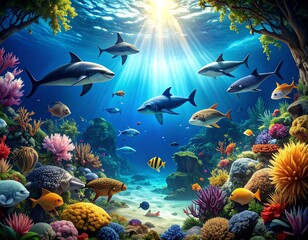 A cinematic scene featuring diverse animals in one frame, including wild, aquatic, and domestic creatures, ultra-detailed textures, natural lighting, full HD illustration

