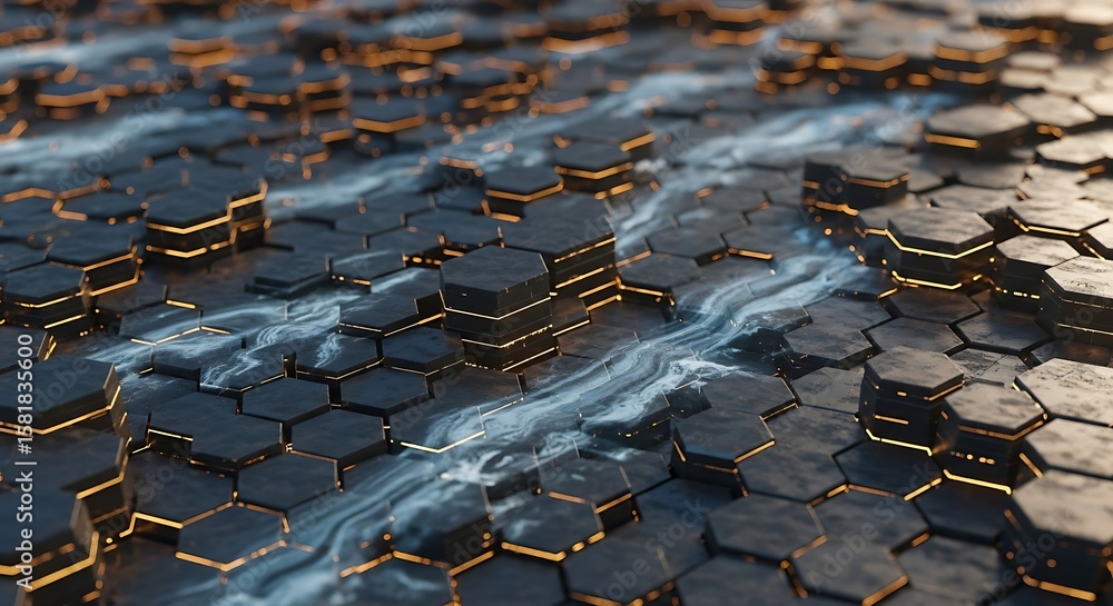 Aufkleber an abstract 3d render showcases a futuristic surface of dark hexagonal shapes with glowing golden ed