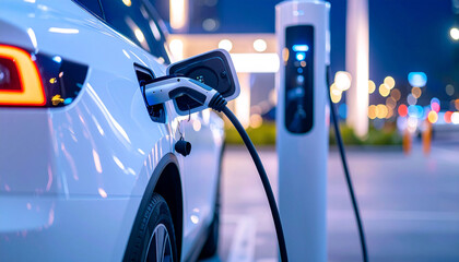 Electric Vehicle Charging at Night: A sleek white electric car is charging at a modern charging station under the glow of city lights at night.