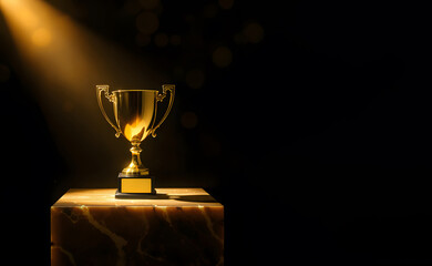 Golden Trophy Cup Under Spotlight on Black Background