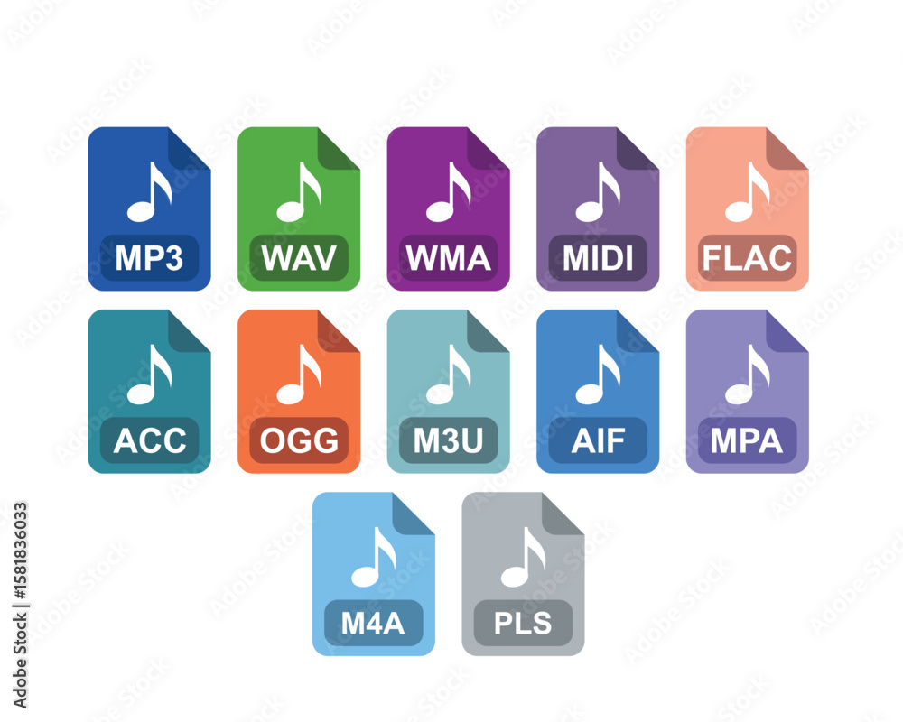 Fototapete set icon of audio file format
