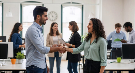 Two Gen Z business professionals shaking hands in an open office