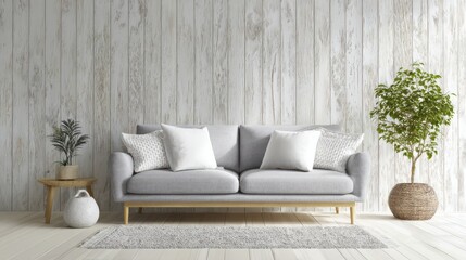 Fototapeta premium Ultra quality image of bright and airy living room features a light grey sofa adorned with white cushions, set against a wooden backdrop- 3D rendering.