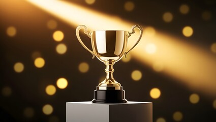 Golden Trophy Cup Under Spotlight on Black Background