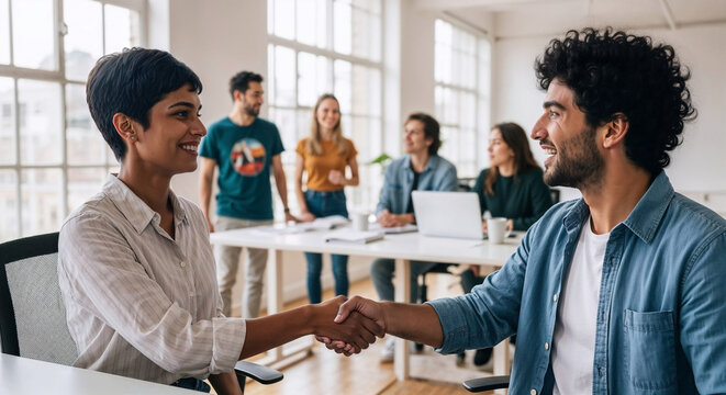 Young professionals shaking hands welcoming new Gen Z team member
