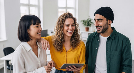 Diverse Gen Z co-workers collaborating happily in modern workplace