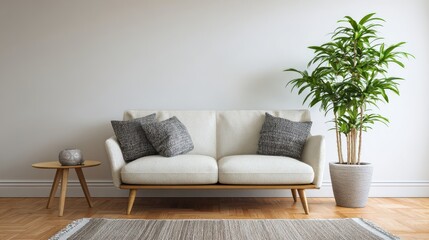 Ultra quality image of bright and cozy modern living room interior have sofa and plant with white wall.