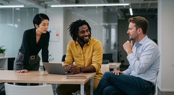 Diverse Gen Z professionals having informal discussion in office