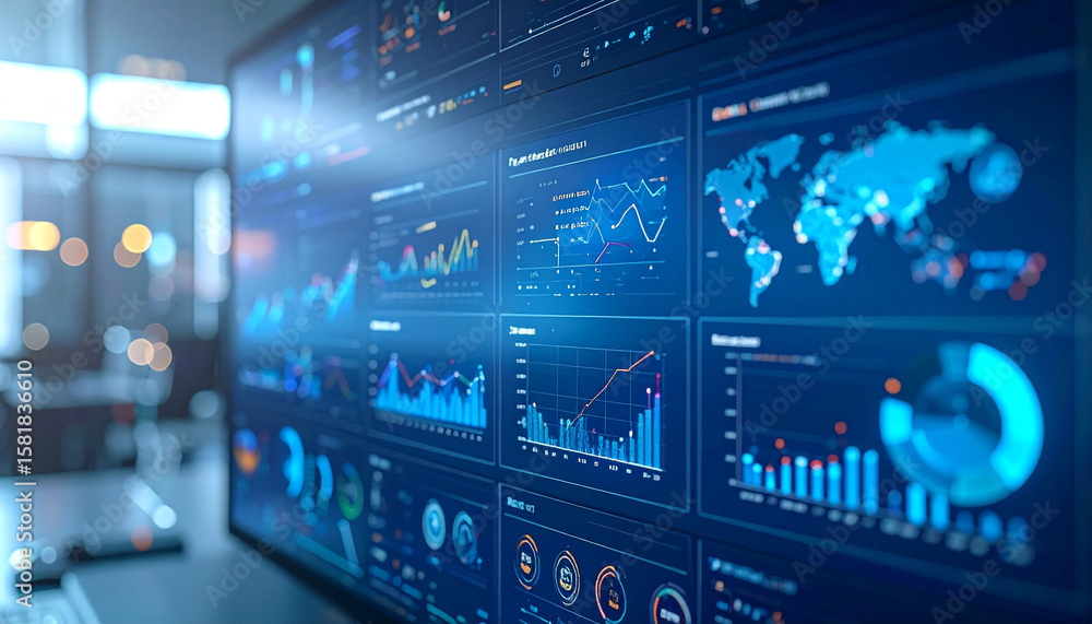 Poster data-driven world: a high-tech display screen showcases dynamic charts, graphs, and data visualizati