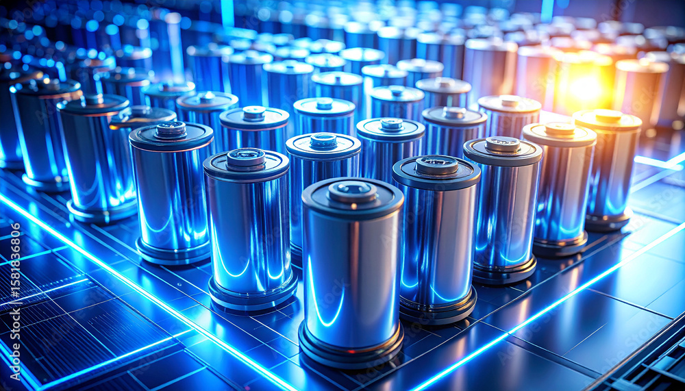 Poster powering the future: an abstract display of cylindrical batteries, arrayed meticulously with a futur