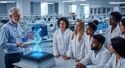 Professor explaining holographic DNA to diverse Gen Z scientists