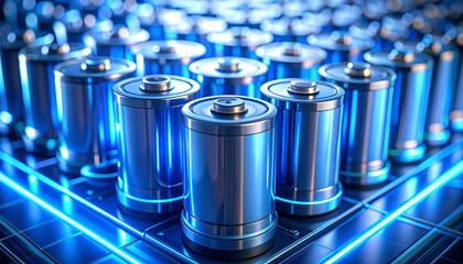 Power Surge: A close-up shot of a vast array of shiny cylindrical batteries, illuminating a striking visual of modern technology and sustainable energy, representing innovative progress.