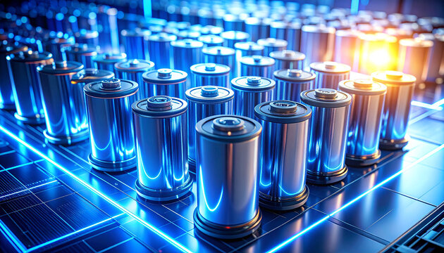 Powering the Future: An abstract display of cylindrical batteries, arrayed meticulously with a futuristic electronic circuit backdrop.