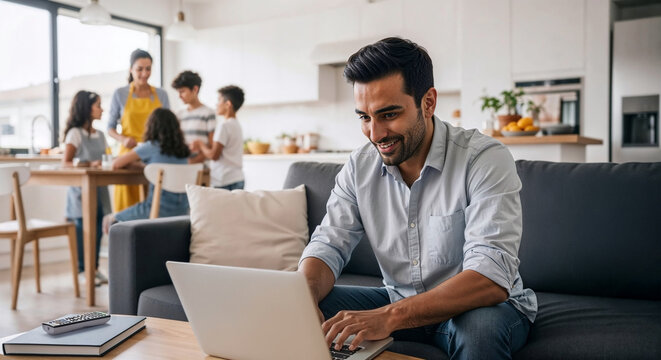Smiling man work from home with laptop with family in living room