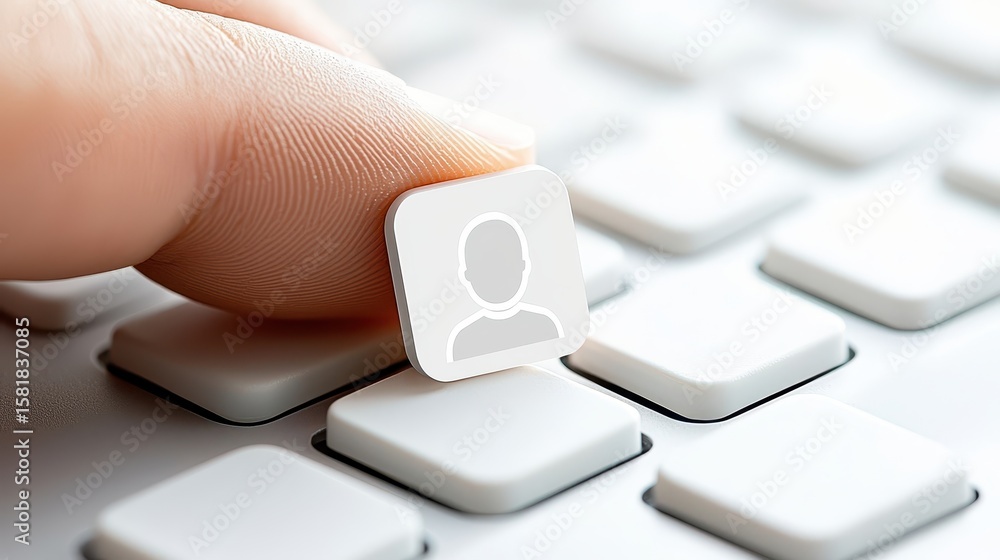 Poster finger presses key on keyboard, a closeup view of digital input and modern technology