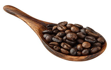 Scoop of Roasted Coffee Beans in Wooden Spoon, Angled Side View, Isolated on Transparent Background
