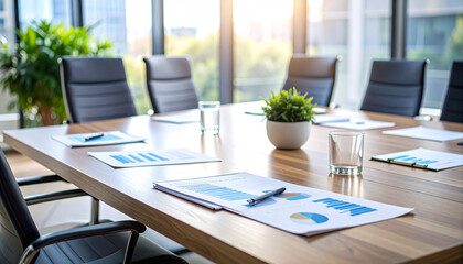 Boardroom Brilliance: Sleek and modern boardroom bathed in sunlight, showcasing a conference table adorned with business documents, chairs, and vibrant green plant.