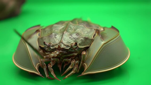 Horseshoe Crab on Bright Green Background: Ancient Marine Arthropod Close-up View