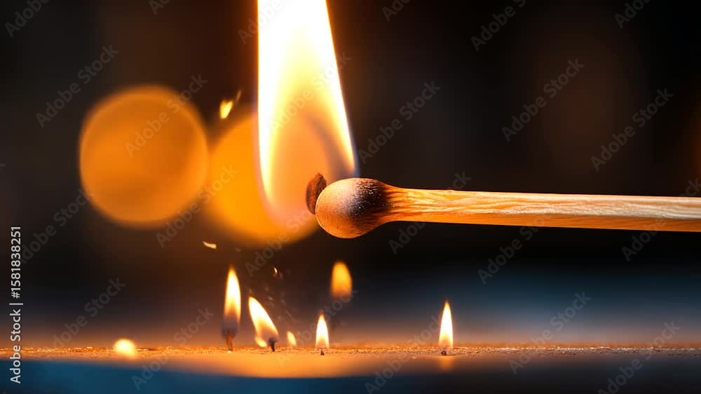 Poster close-up of a lit matchstick against a dark background with bokeh lights. sparks are visible below t
