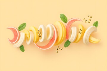 Sliced fruit composition, showcasing a creative arrangement of fresh produce