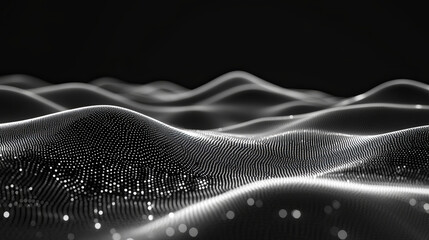 Abstract digital landscape of interconnected particles forming undulating hills