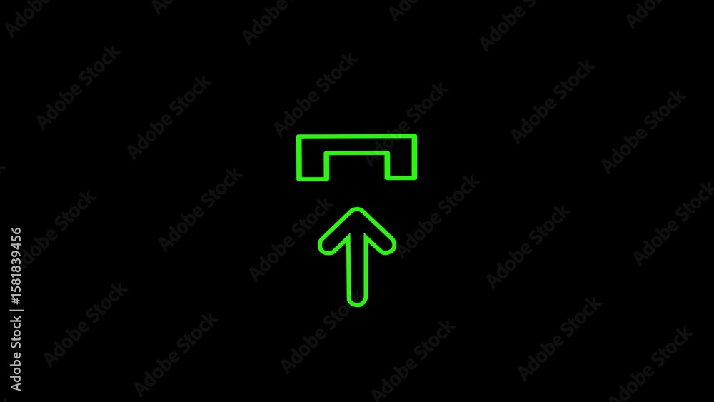 Poster green upload arrow sign below a symbolic portal on a solid black background