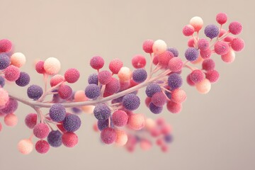 Abstract pink and purple berry branch.  The branch curves gracefully, with clusters of small, textured berries in varying shades of pink and purple.