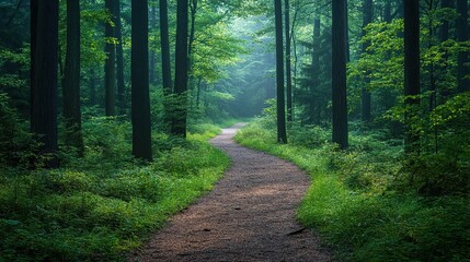 Obraz premium Forest Pathway Through Trees Leading Into a Serene Green Nature Scene