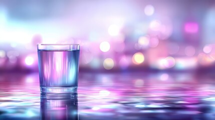 A glass of water with stunning cityscape view, urban refreshment refreshing