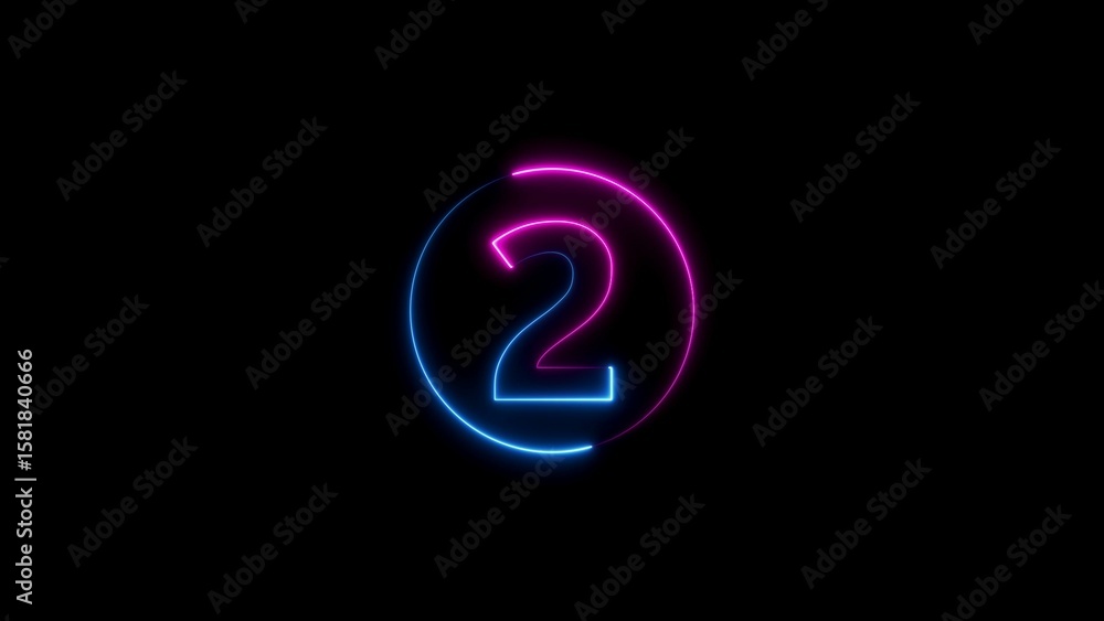 Poster glowing number two inside a neon circle with gradient colors on black background