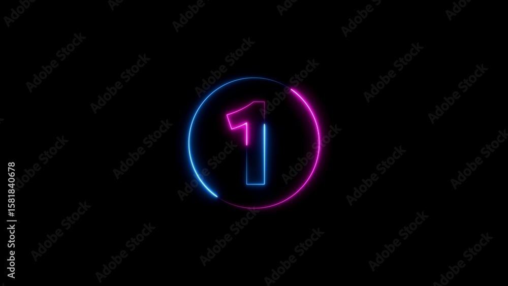 Poster neon number one in a circle glowing against a black background for display