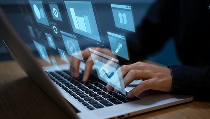 Hands are typing on a laptop with digital business interface overlay
