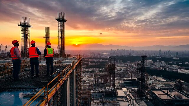 Workers observing sunset from construction site rooftop