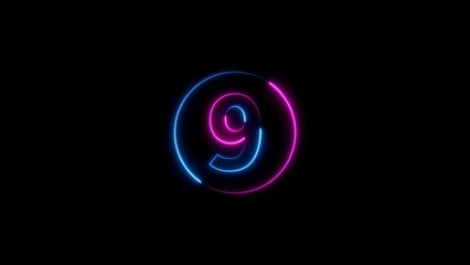 Glowing neon number nine surrounded by blue and pink circular frame on black background