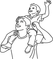 Joyful father carrying his happy son on his shoulders waving hello