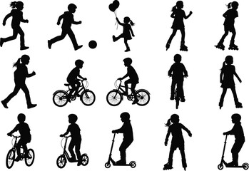 Fototapeta premium Collection of children silhouettes engaged in various outdoor activities and sports
