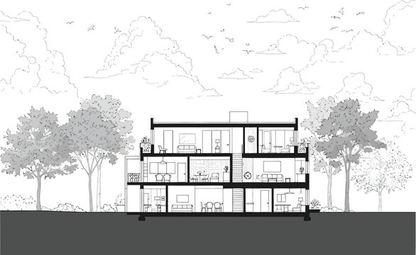 Architectural cross section drawing of a modern multi story lake side home