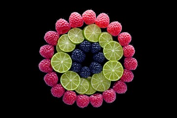 Circular arrangement of raspberries, lime slices, and blackberries on black background