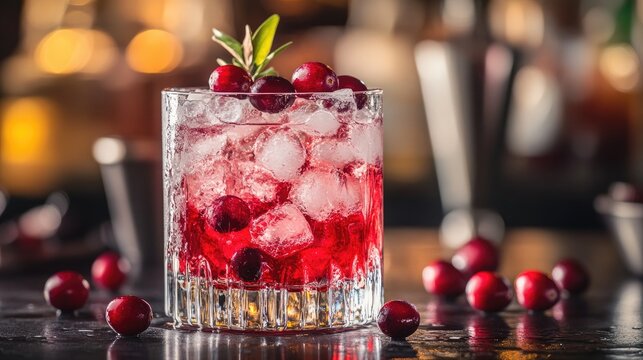 Cranberry cocktail in a glass, garnished with berries and herbs