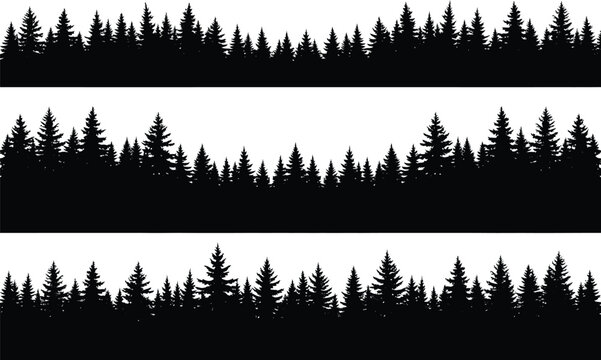 Seamless silhouette forest landscape with multiple rows of pine trees