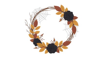Elegant Halloween Wreath with Black Roses Autumn Leaves and Spiderwebs for Spooky Season
