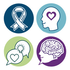 Four circular icons depicting awareness ribbon, head with heart, speech bubbles and brain outline