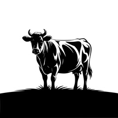 Fototapeta premium Cow Silhouette: A bold monochrome illustration depicts a cow standing in a field, its form rendered in striking black and white.