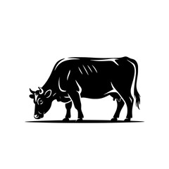 Obraz premium Grazing Cow Silhouette: A striking monochrome illustration depicts a cow gracefully grazing, its form rendered in bold, elegant lines against a white background.