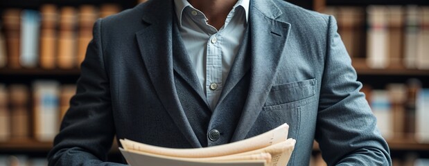 Formally Dressed Man with Newspaper Stack Posed in Front of a Blurred Bookshelf in a Corporate Library


