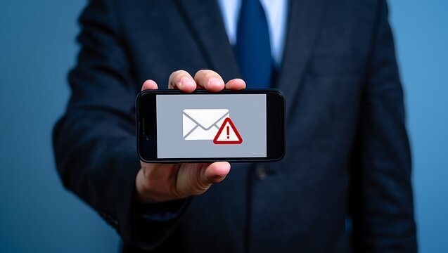 A man holding a phone with a spam email warning