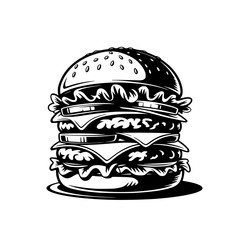 Double Decker Burger Illustration: A bold, monochrome artwork depicts a juicy double-decker burger overflowing with cheese, lettuce, and tomato, rendered in striking black and white.