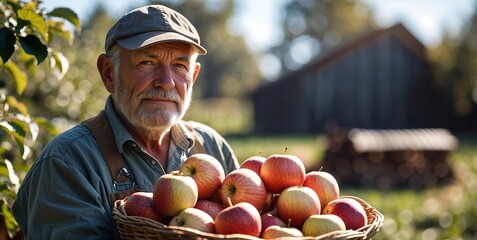 Rustic Harvest Scene with Basket of Ripe Apples and Farmer’s Hands in a Golden Orchard Glow