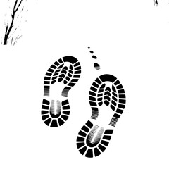 Footprints in the Snow: A stark monochrome illustration depicts a trail of boot prints fading into the distance, suggesting a journey or exploration.
